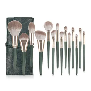 15-piece beauty make-up brush set with storage bag - dark green