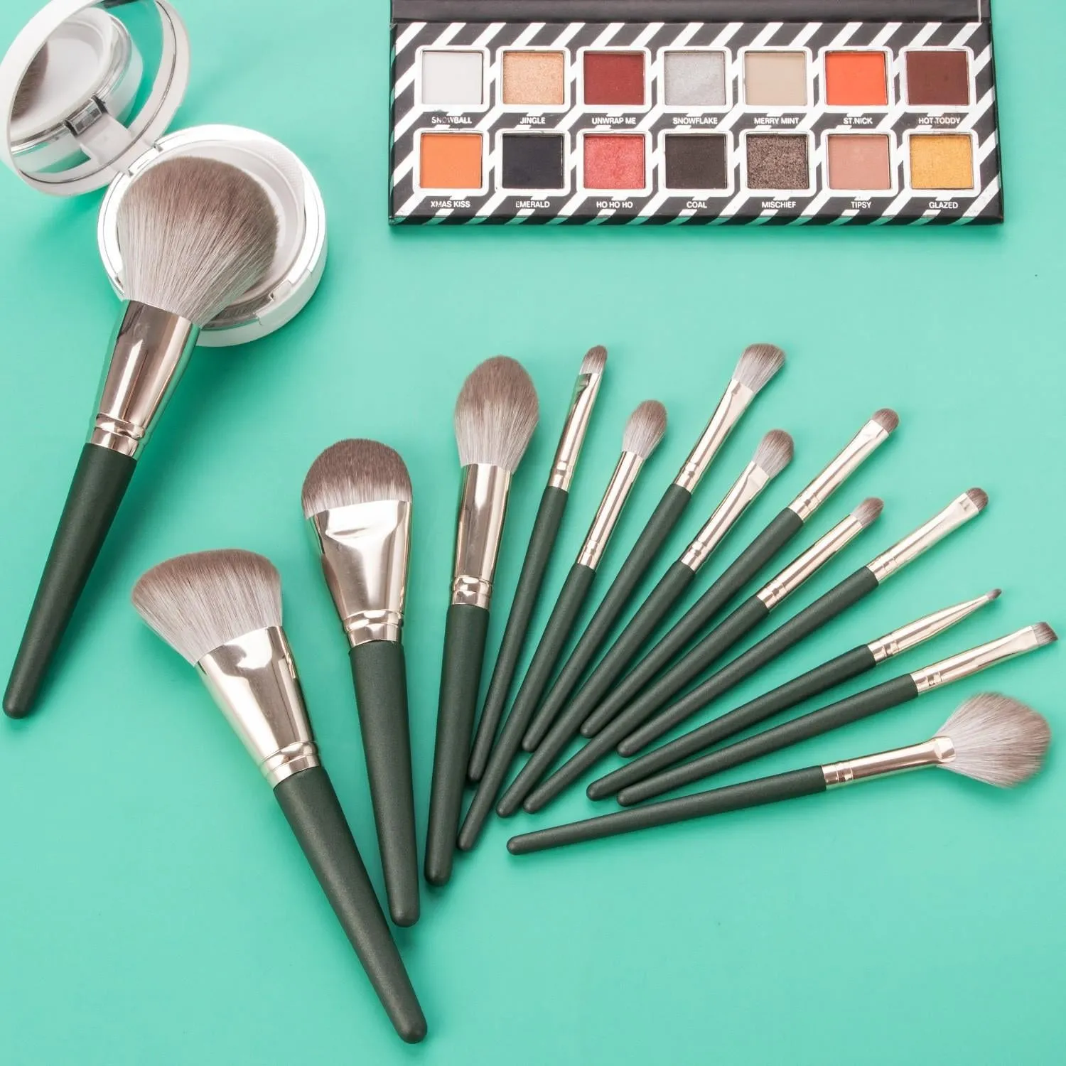 15-piece beauty make-up brush set with storage bag - dark green