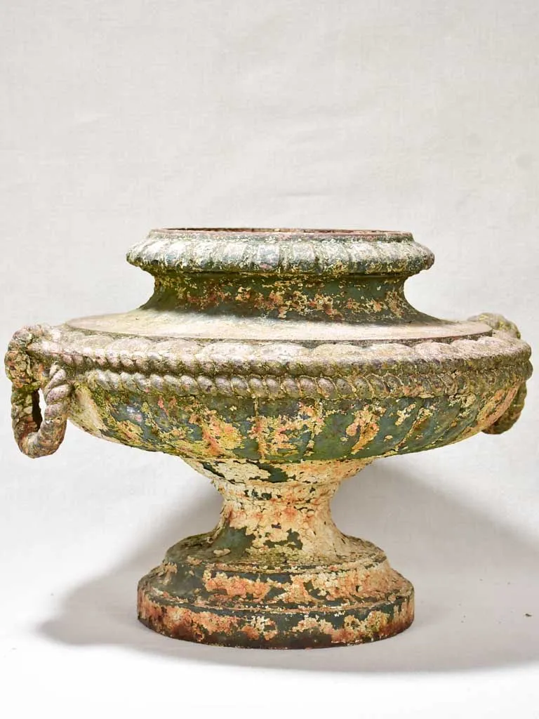 19th-century French cast iron garden urn with rope detail 18"