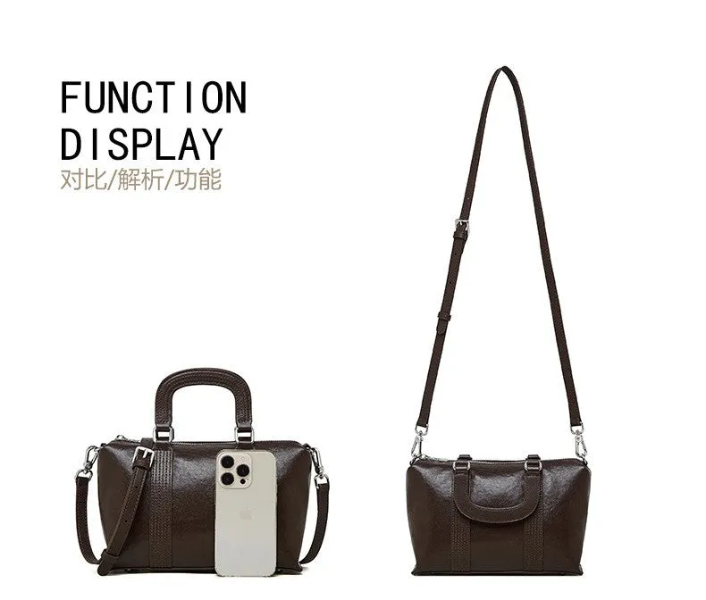 23CM spliced vegetable tanned leather hand pillow crossbody bag 2921 brown