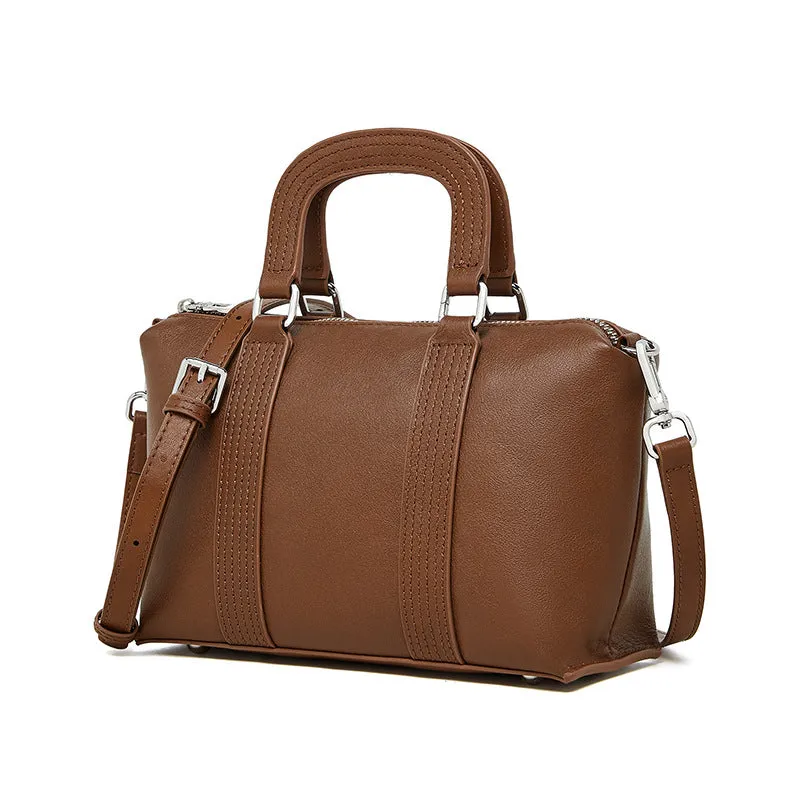 23CM spliced vegetable tanned leather hand pillow crossbody bag 2921 brown
