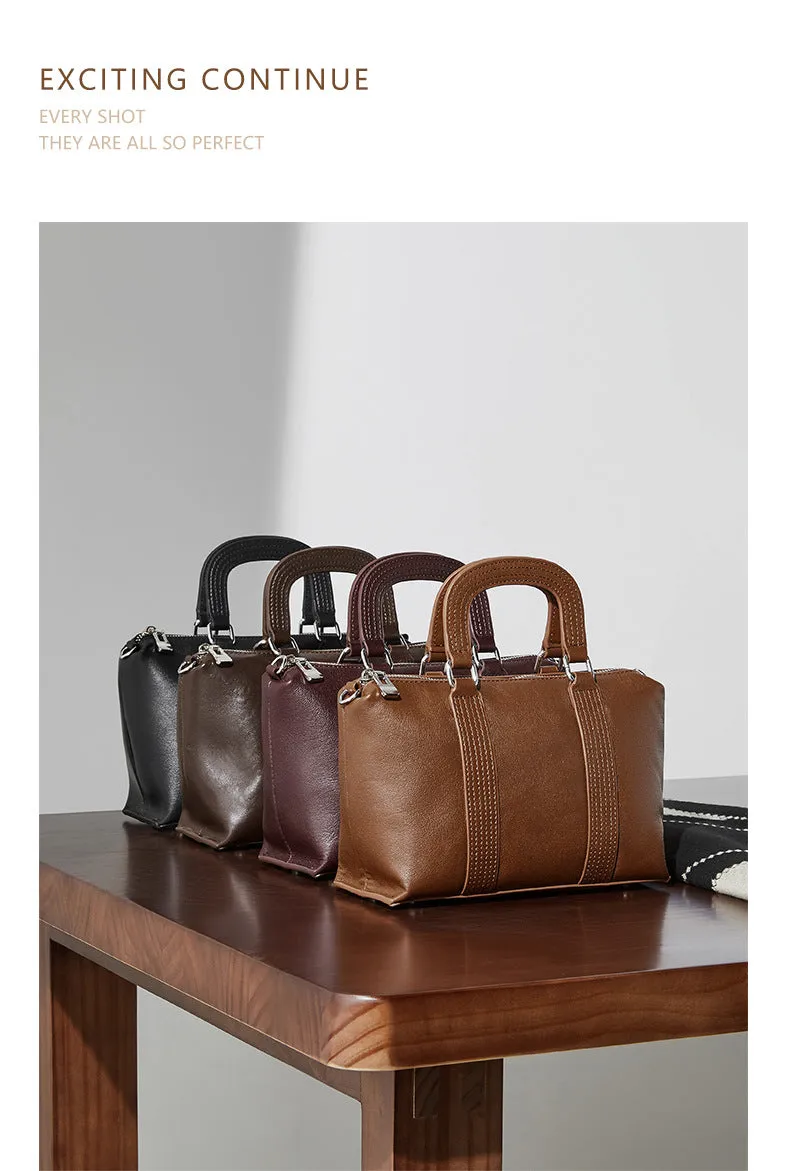 23CM spliced vegetable tanned leather hand pillow crossbody bag 2921 brown