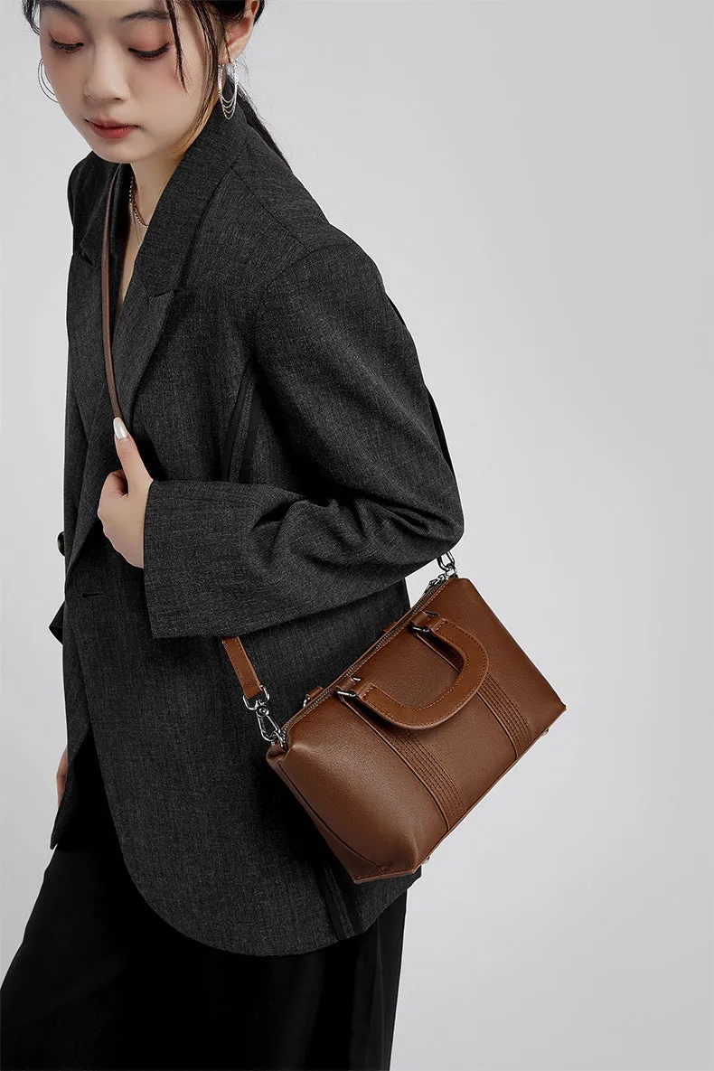 23CM spliced vegetable tanned leather hand pillow crossbody bag 2921 brown