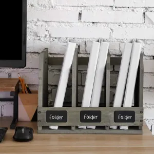 3 Compartment Gray Wood Office File Holder, Document Organizer with Chalkboard Labels
