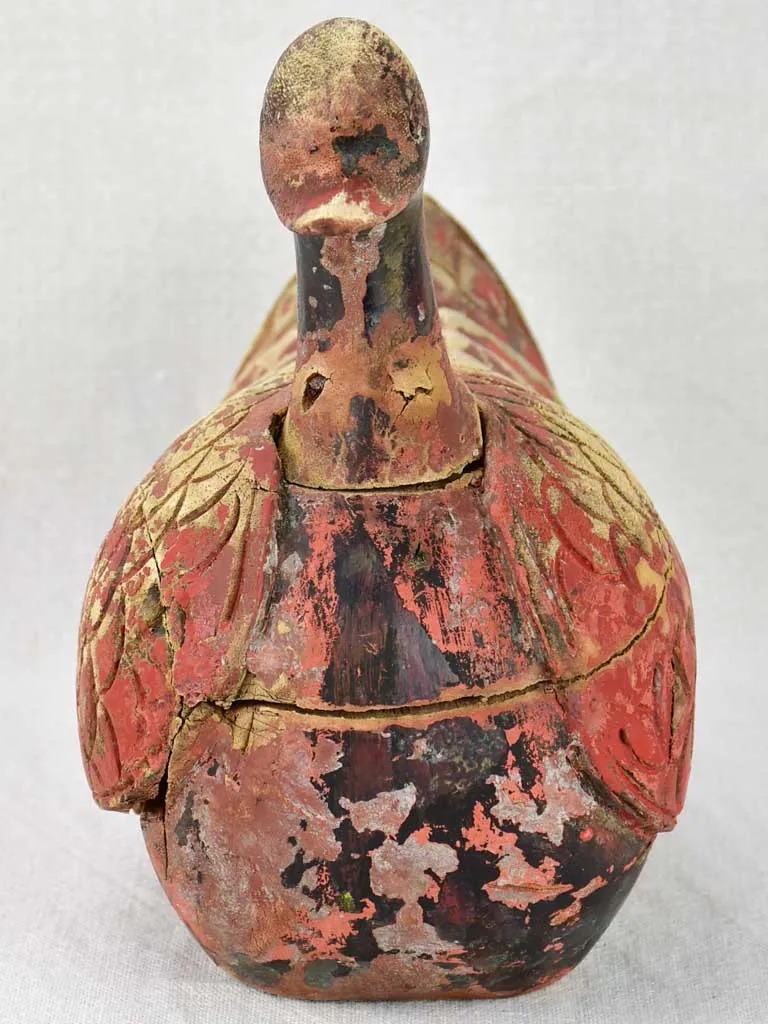 Antique French carved wooden sculpture of a duck with red patina - 1930's