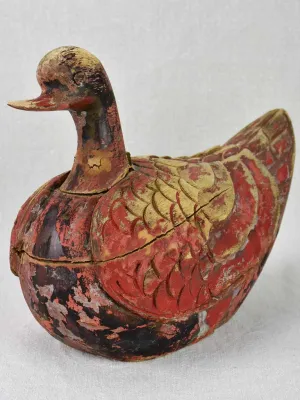 Antique French carved wooden sculpture of a duck with red patina - 1930's