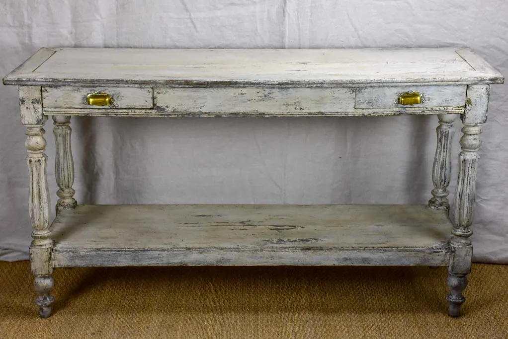 Antique French drapery table - oak with grey / beige painted finish