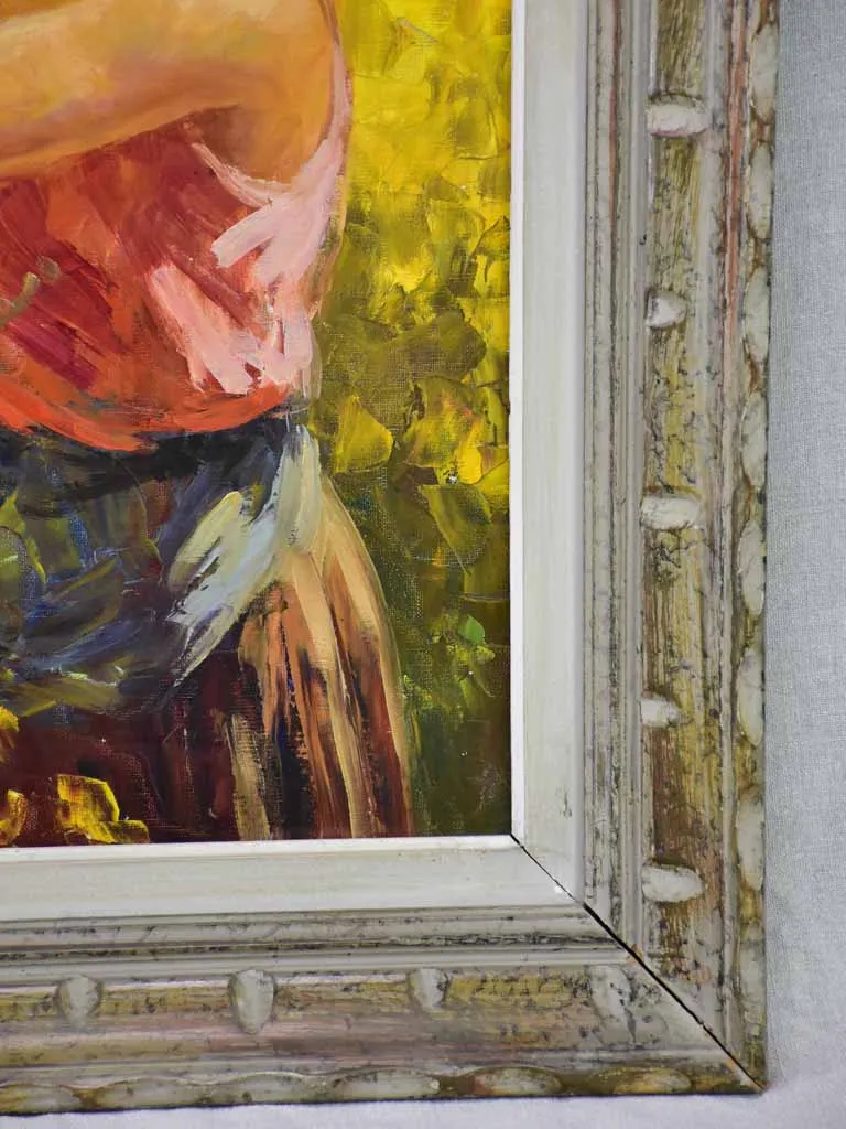 Antique French painting of a lady picking yellow blooms 28¼" x 33"