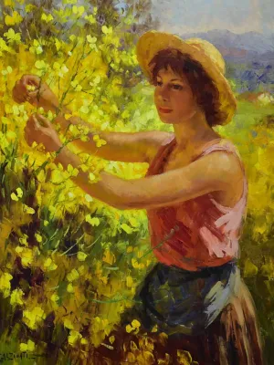 Antique French painting of a lady picking yellow blooms 28¼" x 33"