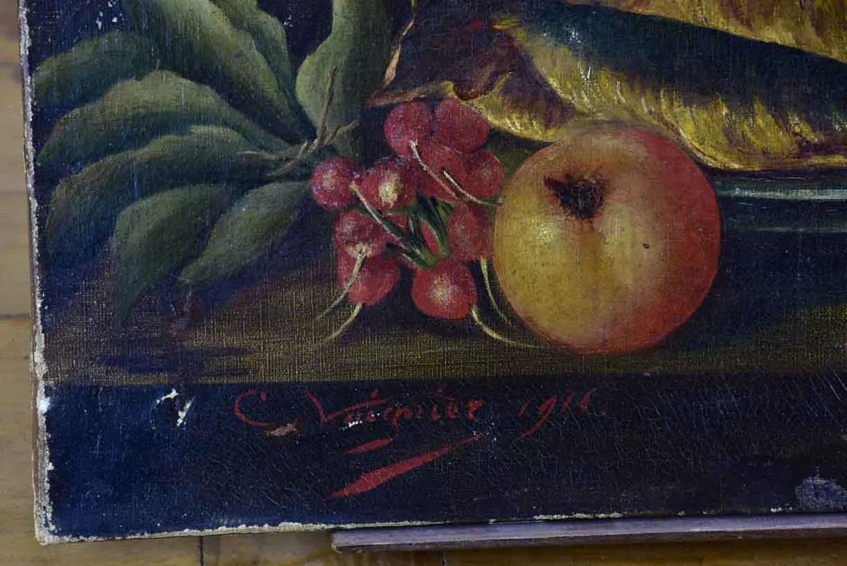 Antique French still life - fish, cherries and radish 21 ¾ x 18""