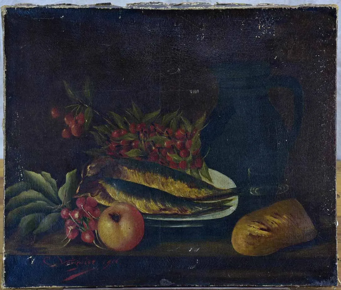 Antique French still life - fish, cherries and radish 21 ¾ x 18""