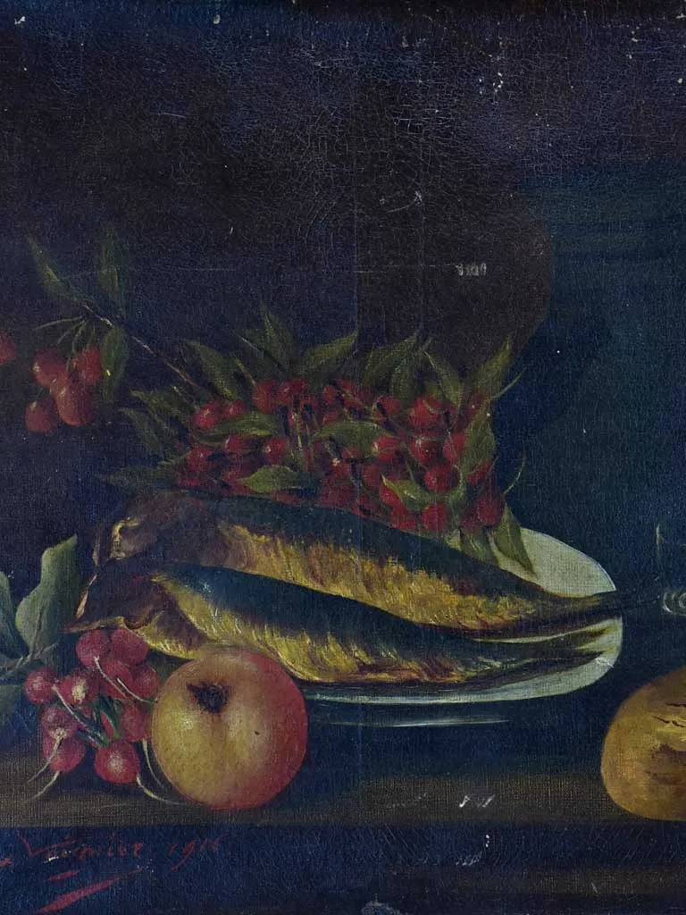 Antique French still life - fish, cherries and radish 21 ¾ x 18""
