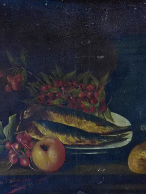 Antique French still life - fish, cherries and radish 21 ¾ x 18""