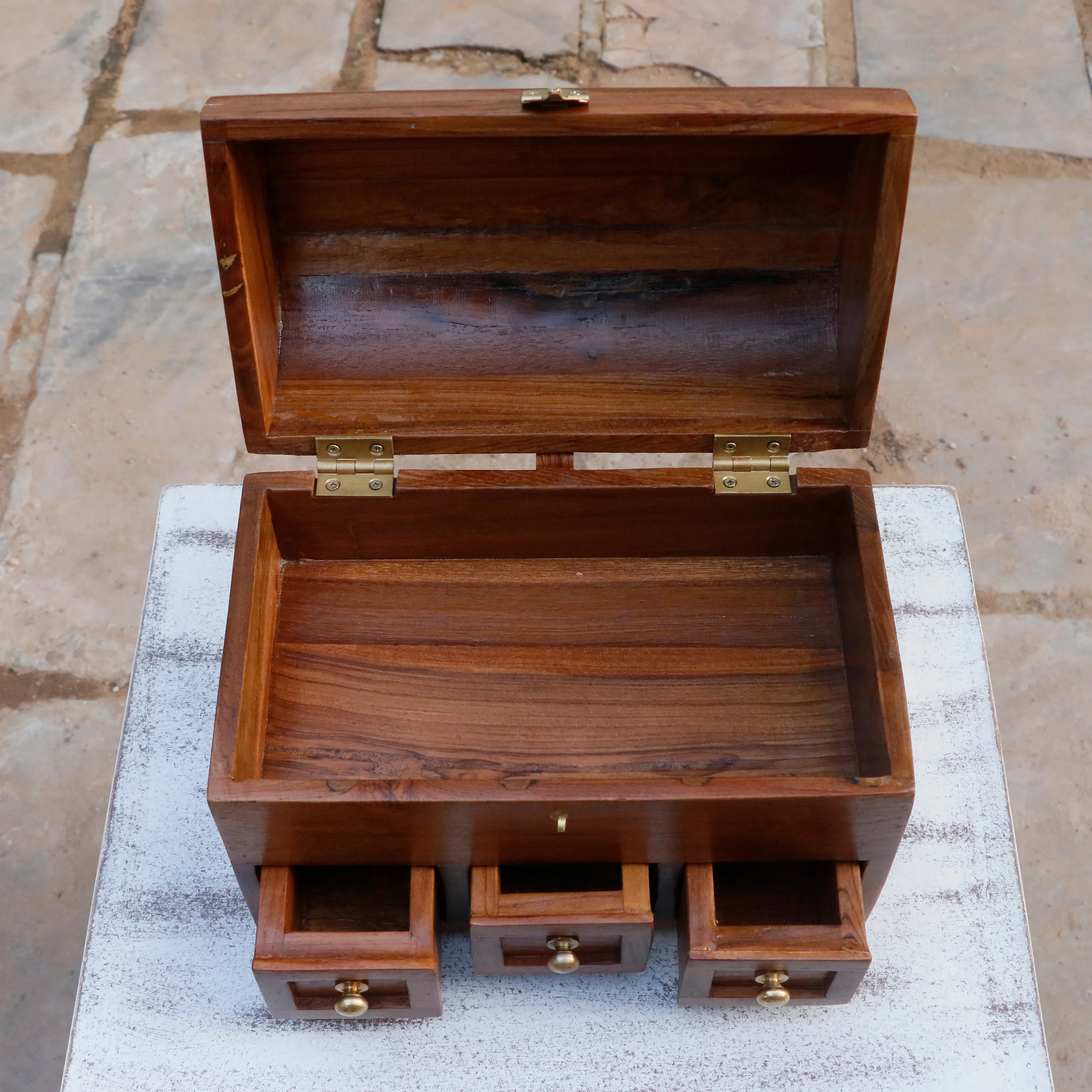 Antique Style Teak Wooden 3 Drawer Premium Handmade Jewelry Box