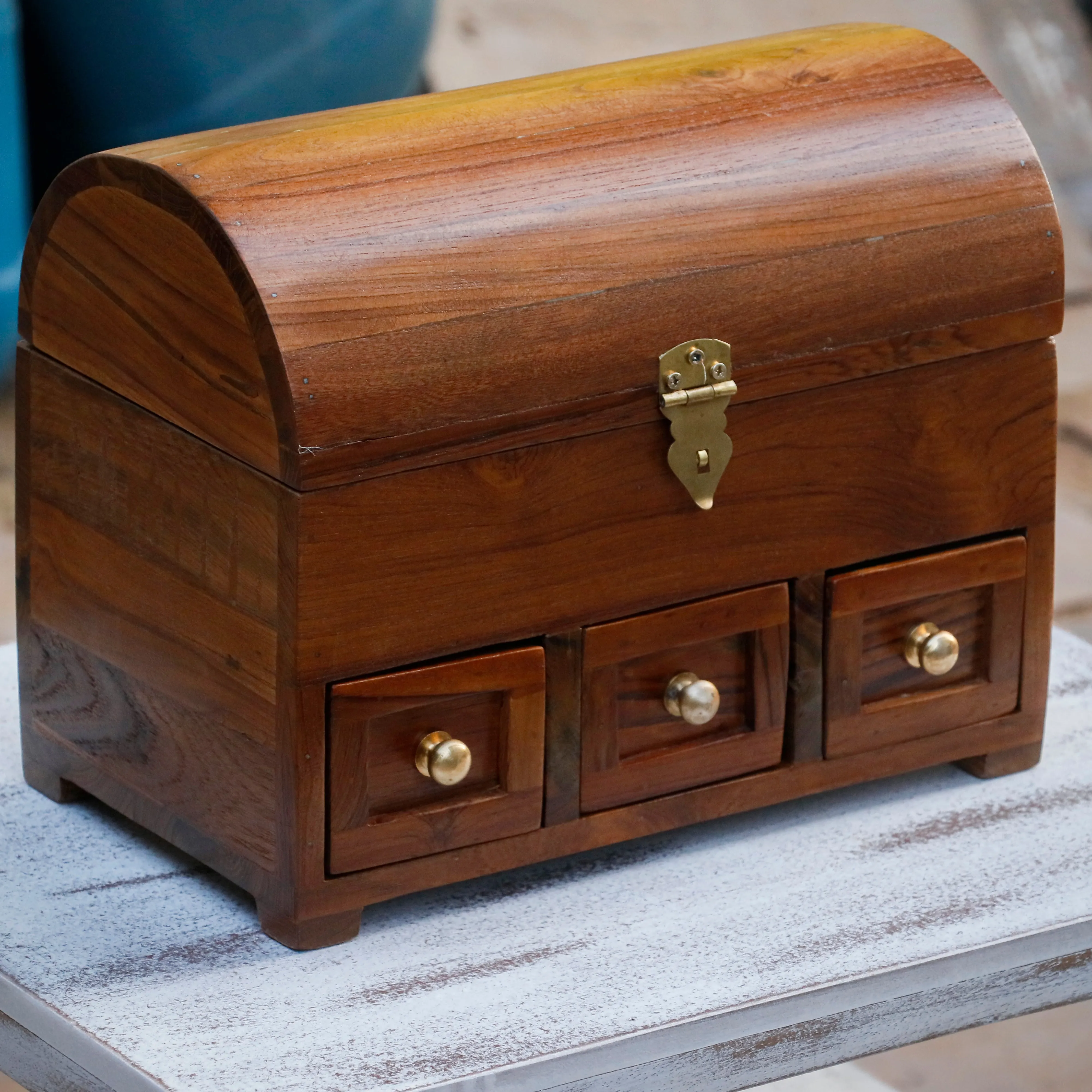 Antique Style Teak Wooden 3 Drawer Premium Handmade Jewelry Box