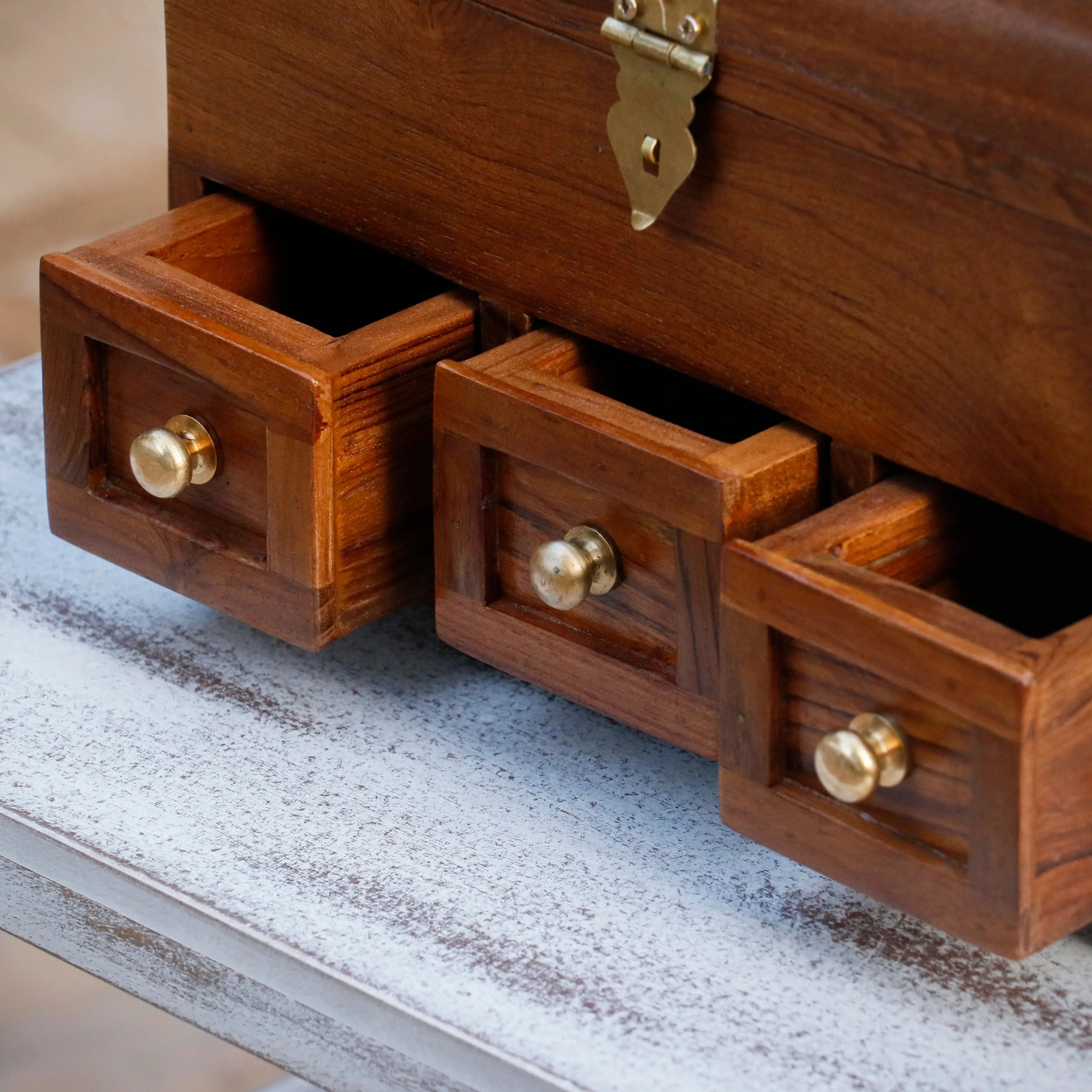 Antique Style Teak Wooden 3 Drawer Premium Handmade Jewelry Box