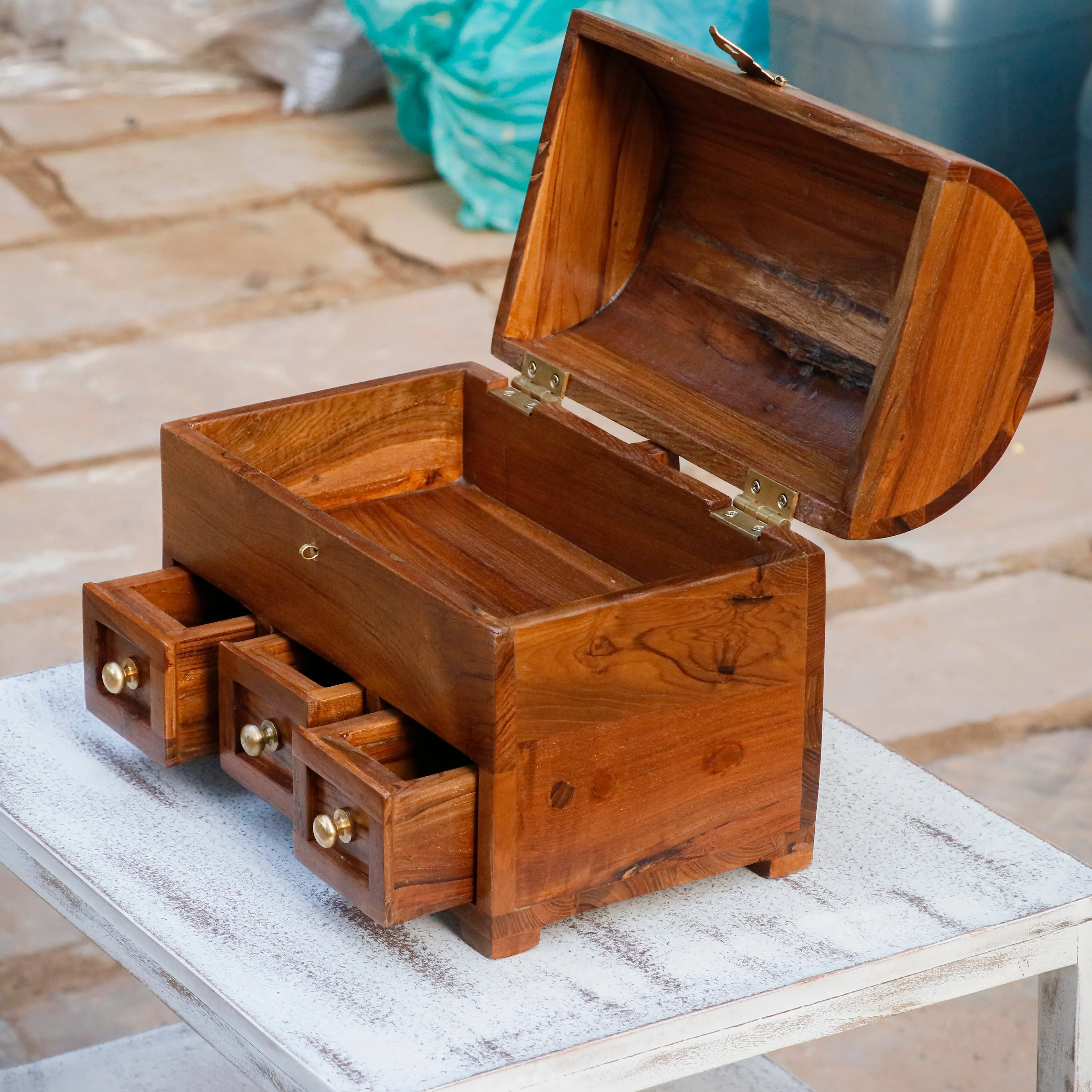 Antique Style Teak Wooden 3 Drawer Premium Handmade Jewelry Box
