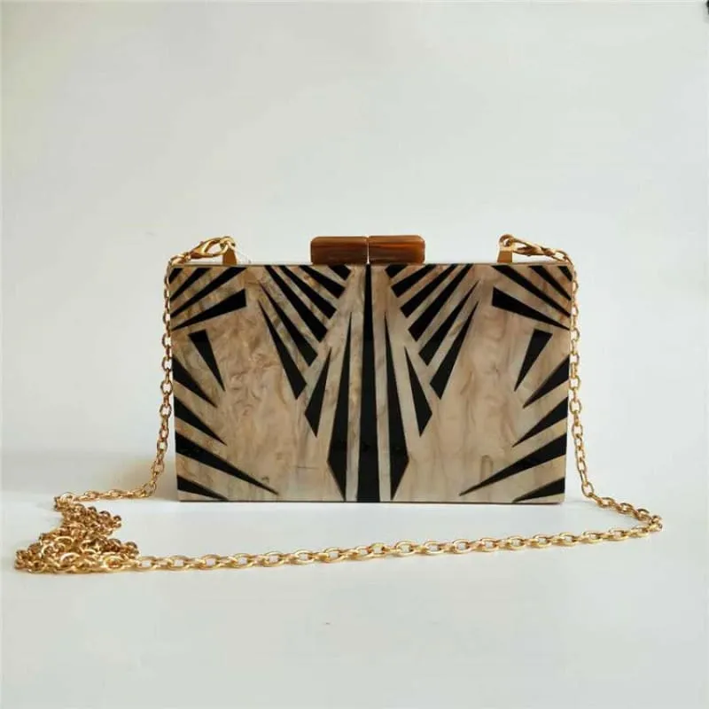 Art Deco Geometric Pattern Acrylic Clutch Purse in Black and Gold