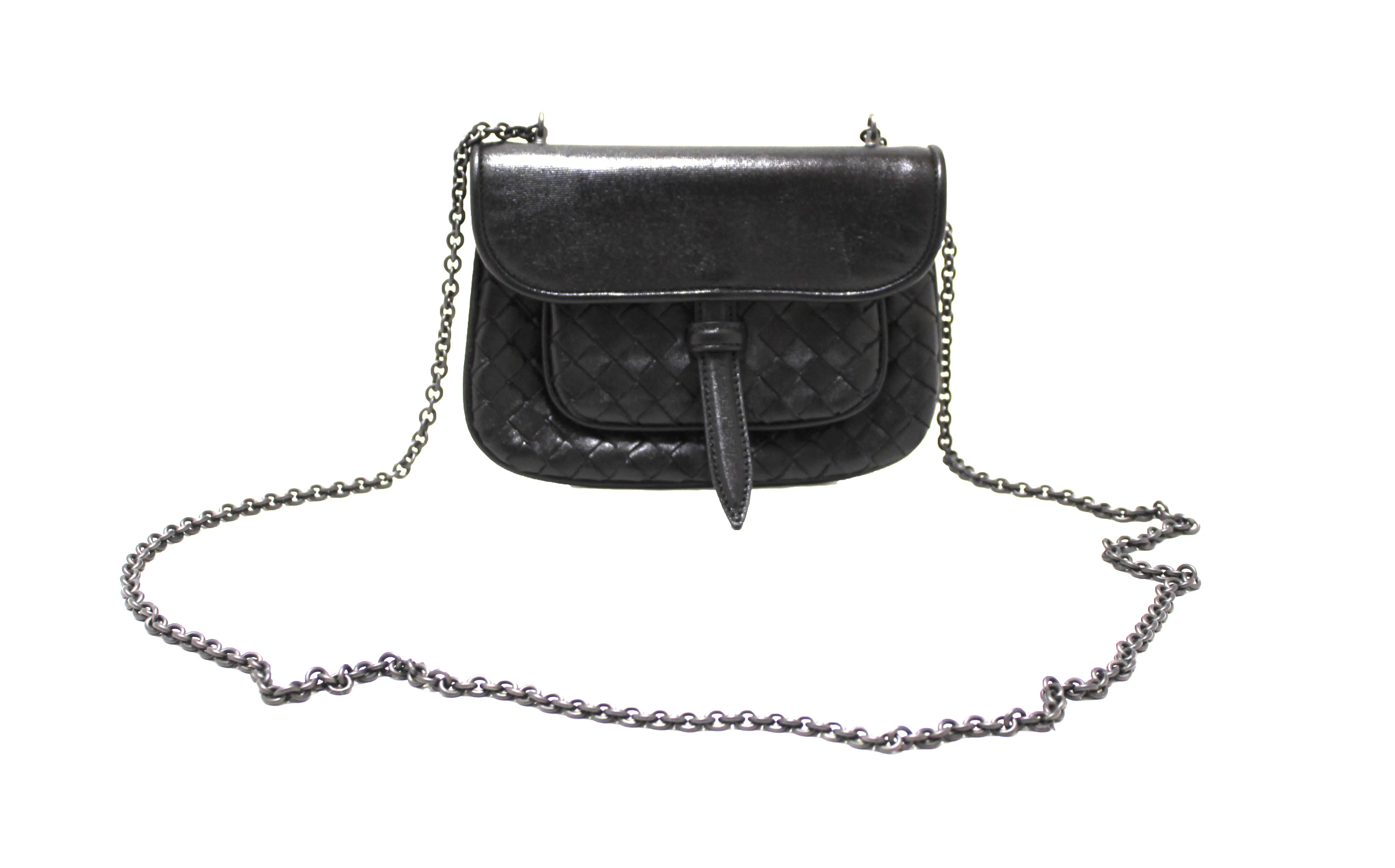 Authentic Bottega Veneta Black Intrecciato Leather Mini Flap Chain Crossbody Bag
