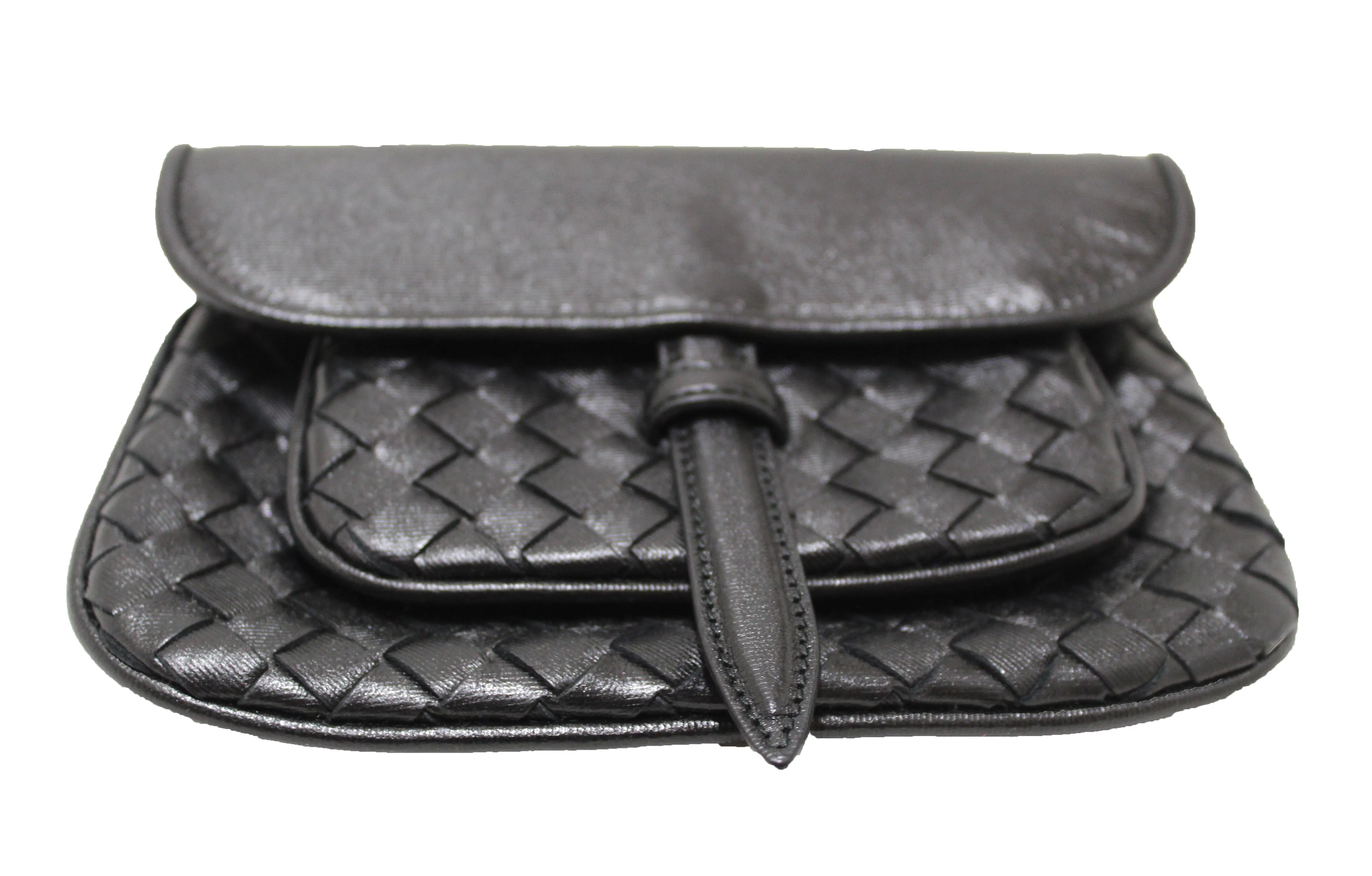 Authentic Bottega Veneta Black Intrecciato Leather Mini Flap Chain Crossbody Bag