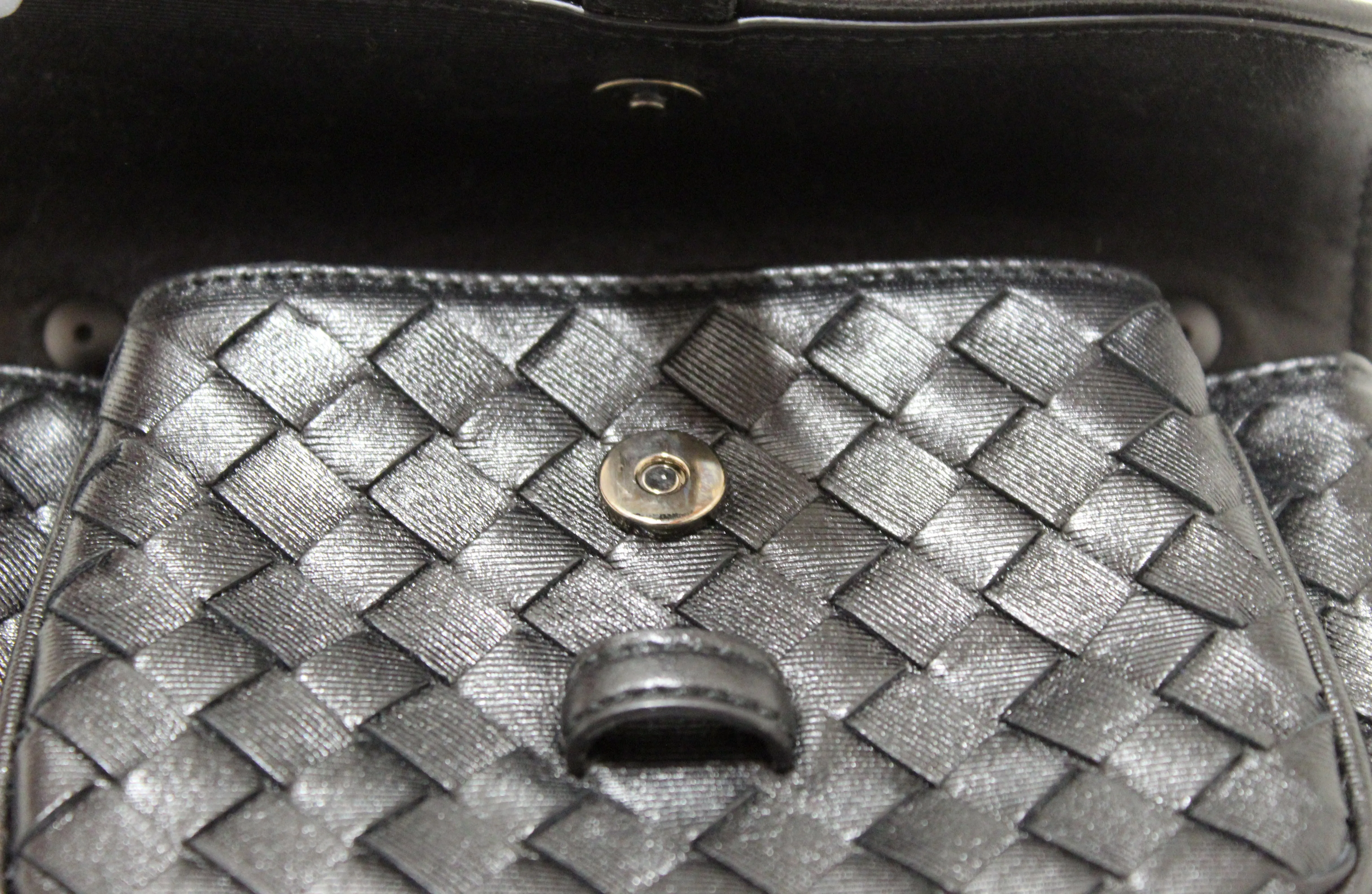 Authentic Bottega Veneta Black Intrecciato Leather Mini Flap Chain Crossbody Bag