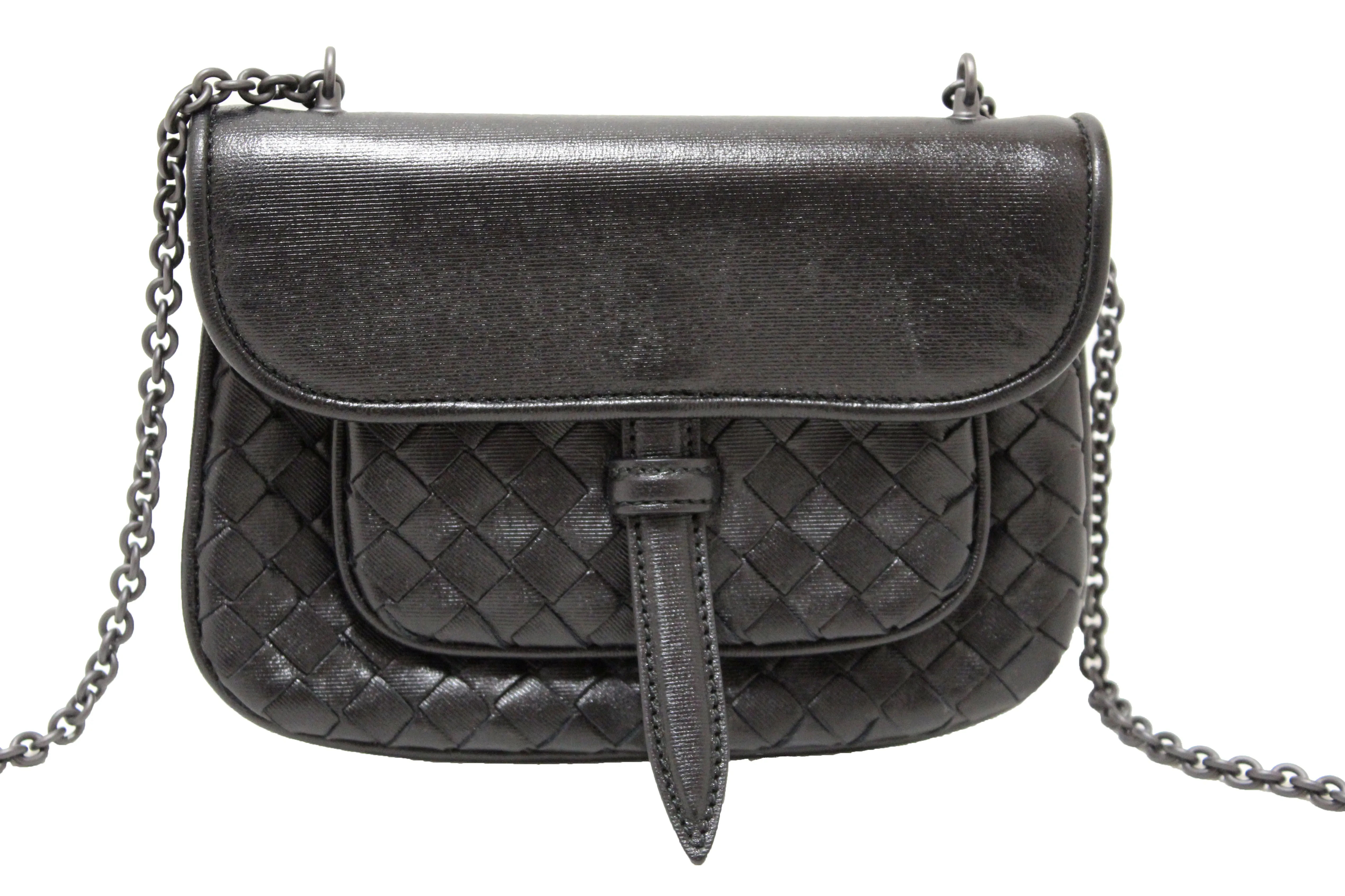 Authentic Bottega Veneta Black Intrecciato Leather Mini Flap Chain Crossbody Bag