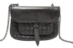 Authentic Bottega Veneta Black Intrecciato Leather Mini Flap Chain Crossbody Bag