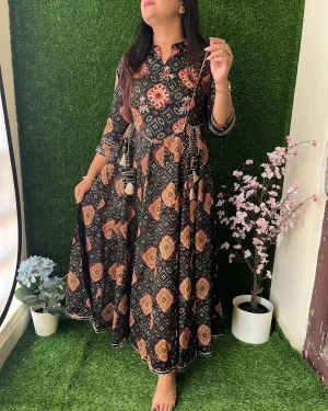 Bandhani Cotton Embroidered Long Dress Black