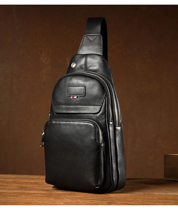 Black Leather Mens Cool Sling Pack Sling Bags Black Crossbody Packs Chest Bag for men