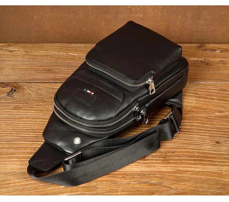 Black Leather Mens Cool Sling Pack Sling Bags Black Crossbody Packs Chest Bag for men
