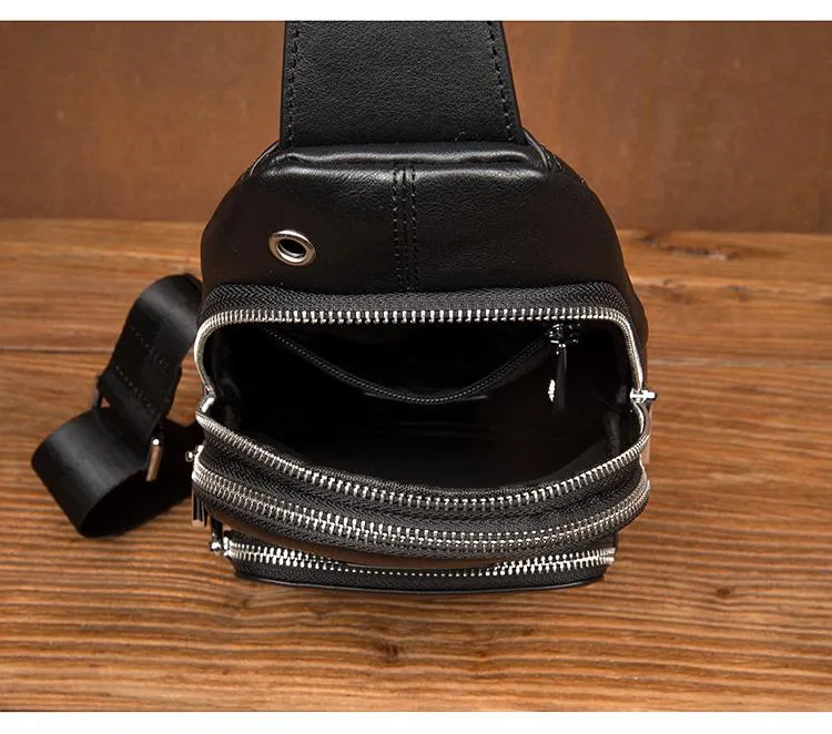 Black Leather Mens Cool Sling Pack Sling Bags Black Crossbody Packs Chest Bag for men