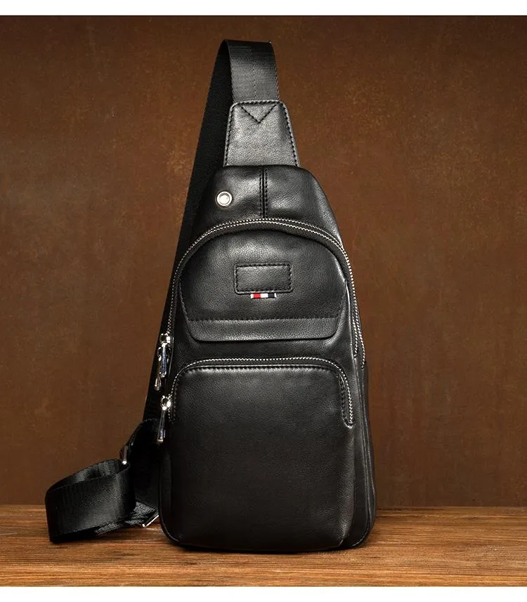 Black Leather Mens Cool Sling Pack Sling Bags Black Crossbody Packs Chest Bag for men