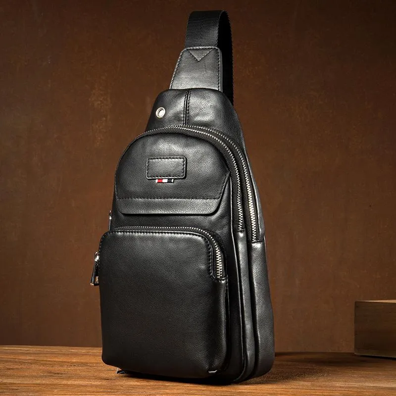 Black Leather Mens Cool Sling Pack Sling Bags Black Crossbody Packs Chest Bag for men