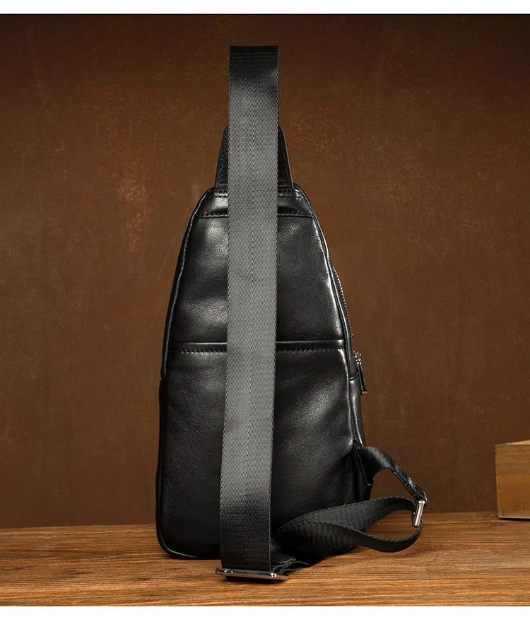 Black Leather Mens Cool Sling Pack Sling Bags Black Crossbody Packs Chest Bag for men