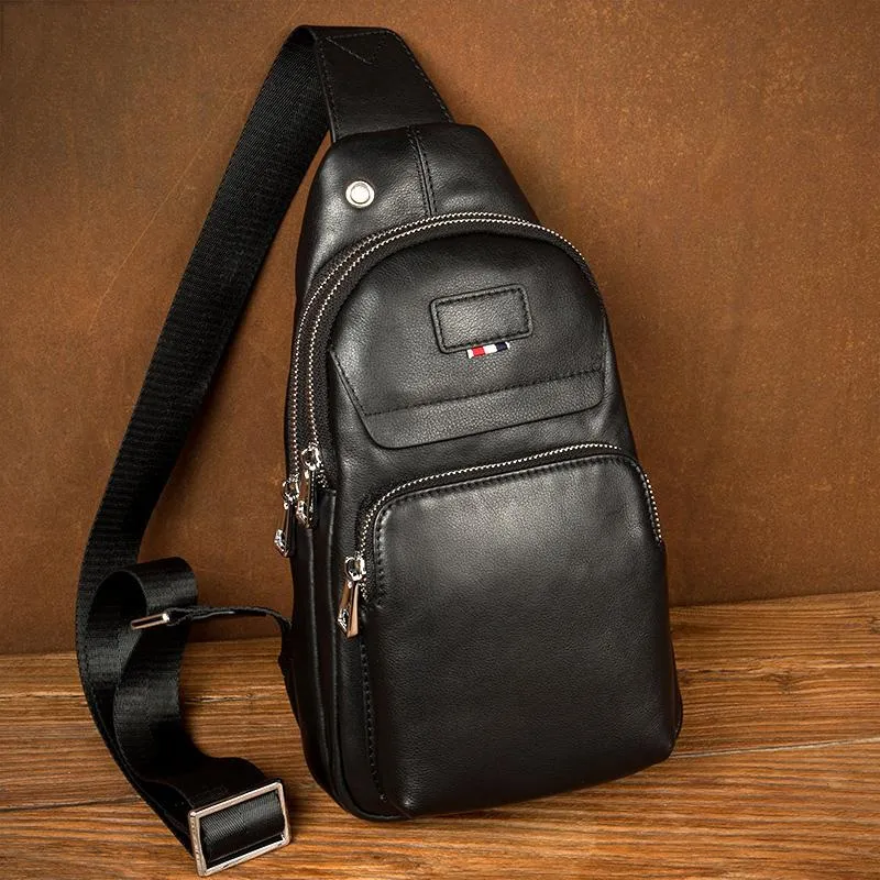Black Leather Mens Cool Sling Pack Sling Bags Black Crossbody Packs Chest Bag for men