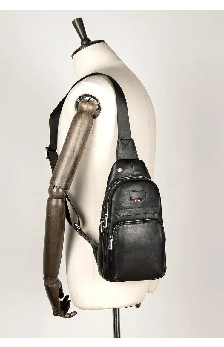 Black Leather Mens Cool Sling Pack Sling Bags Black Crossbody Packs Chest Bag for men