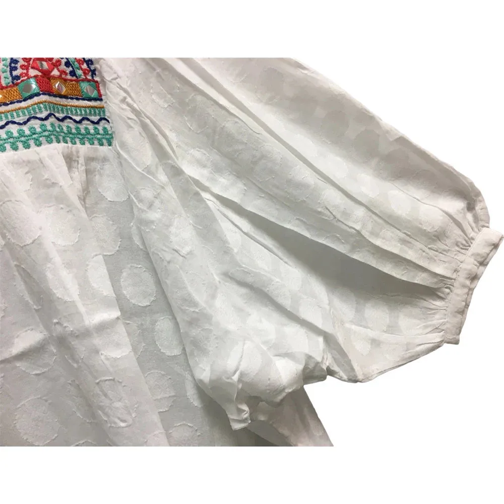 Bohemian Eye Catching Multicolored Embroidered White Cotton Kimono Casual Cover Up Top Plus Size Blouse