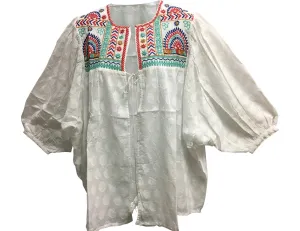 Bohemian Eye Catching Multicolored Embroidered White Cotton Kimono Casual Cover Up Top Plus Size Blouse