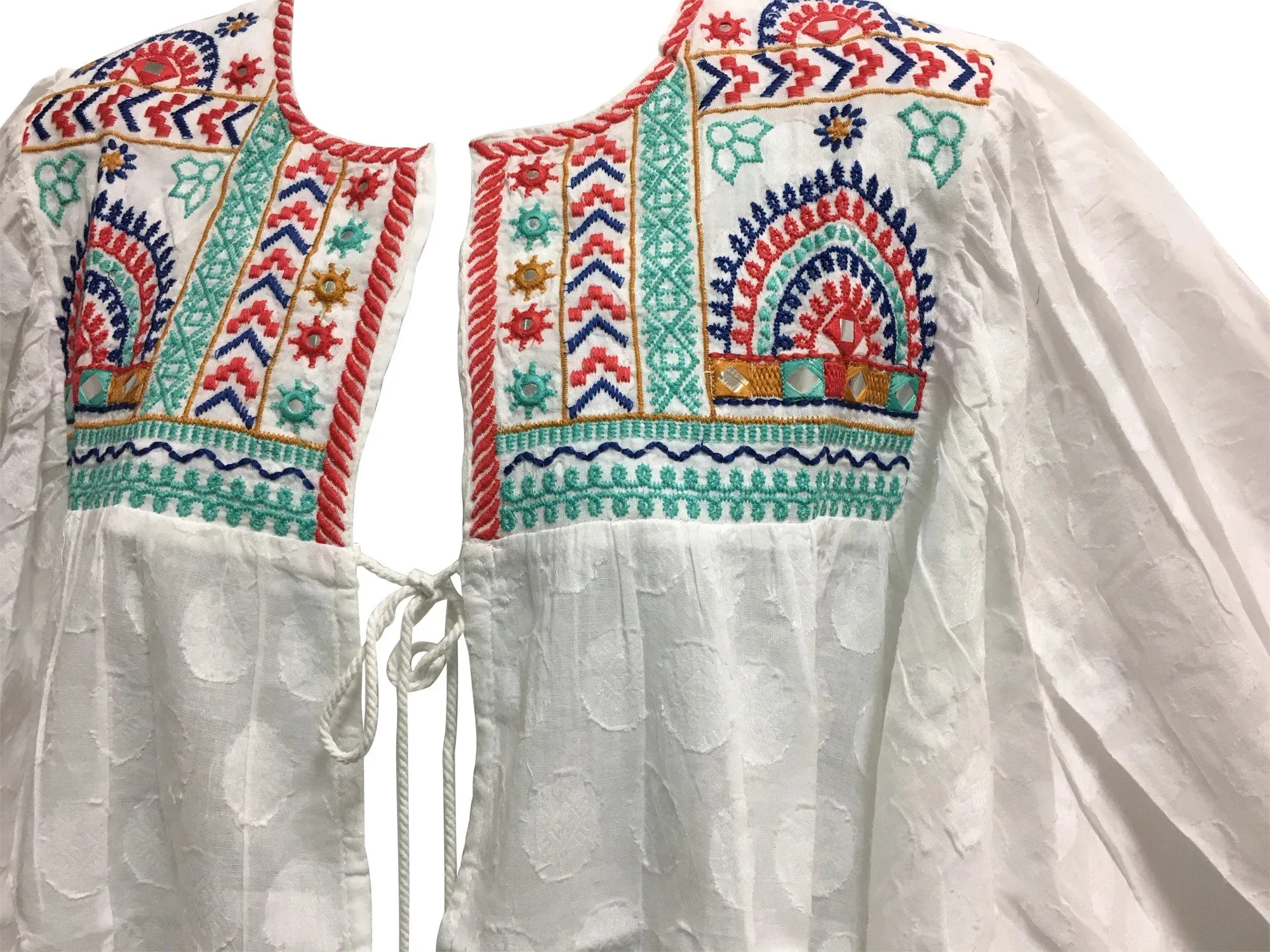 Bohemian Eye Catching Multicolored Embroidered White Cotton Kimono Casual Cover Up Top Plus Size Blouse