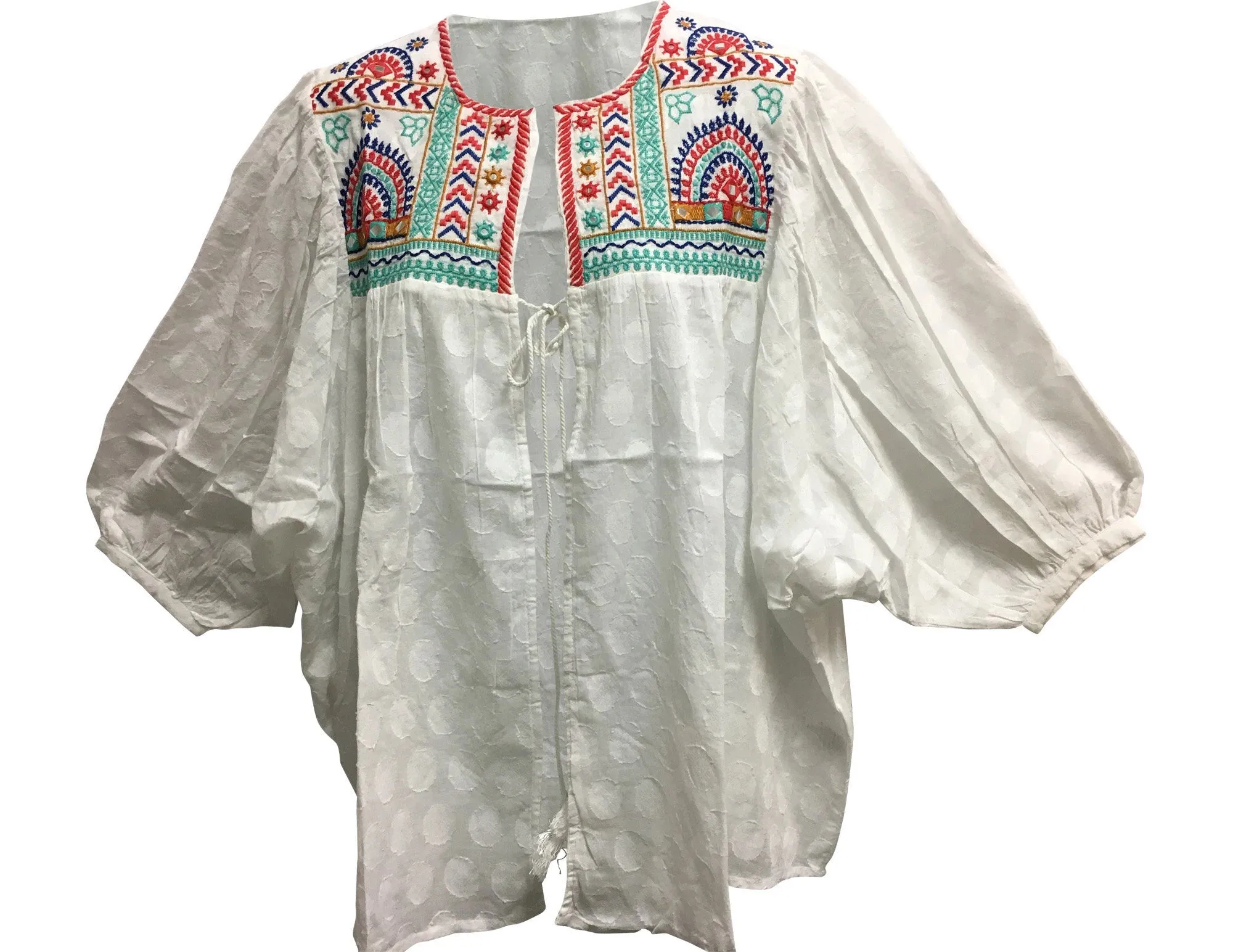 Bohemian Eye Catching Multicolored Embroidered White Cotton Kimono Casual Cover Up Top Plus Size Blouse