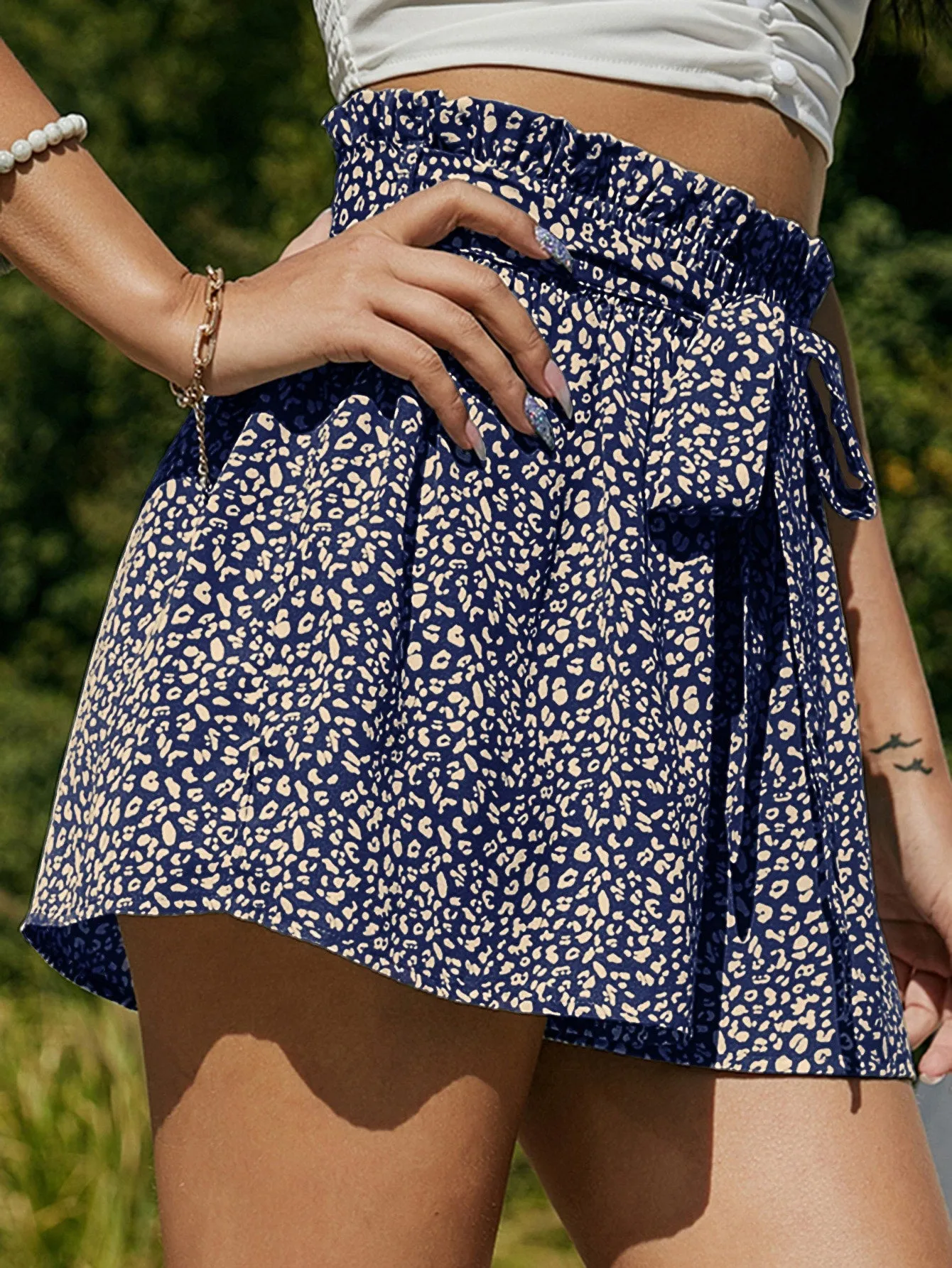 Boho All Over Print Paper Bag Waist High Waist Women Shorts