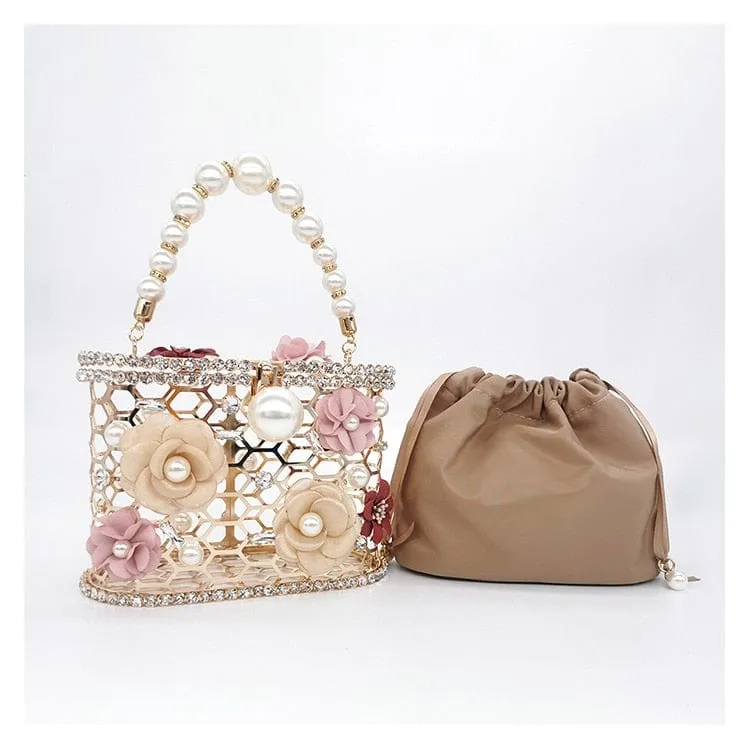 Brenda Pearl Floral Beading Honeycomb Clutch