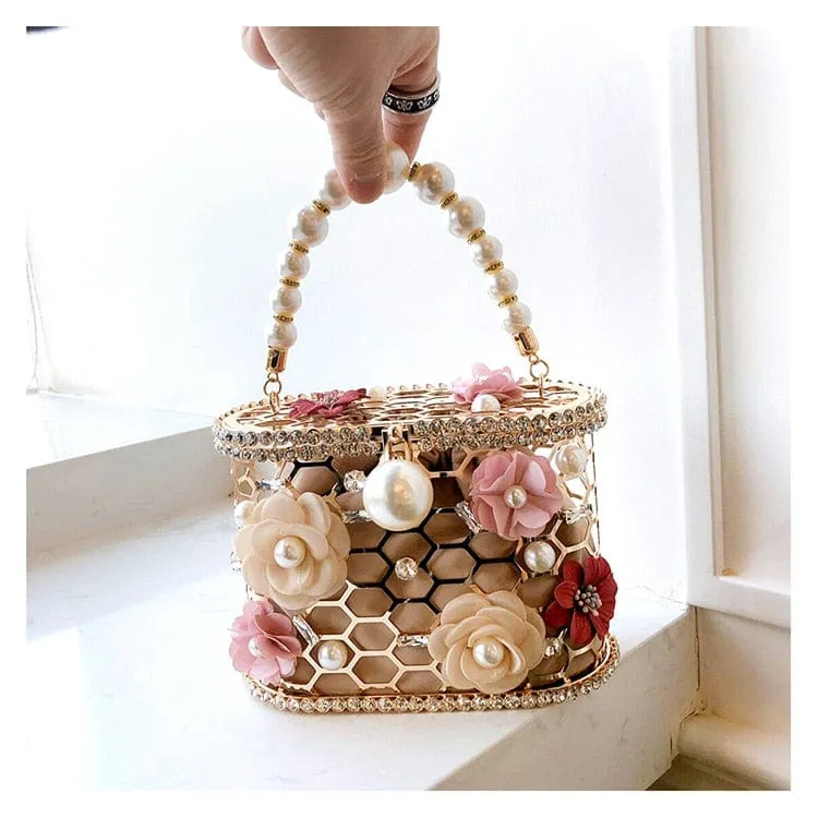 Brenda Pearl Floral Beading Honeycomb Clutch
