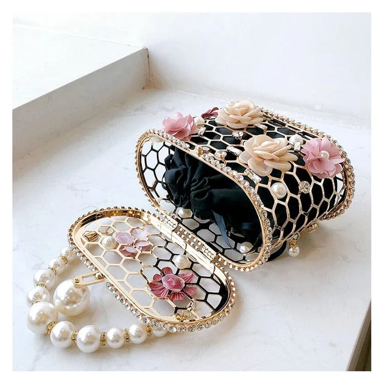 Brenda Pearl Floral Beading Honeycomb Clutch