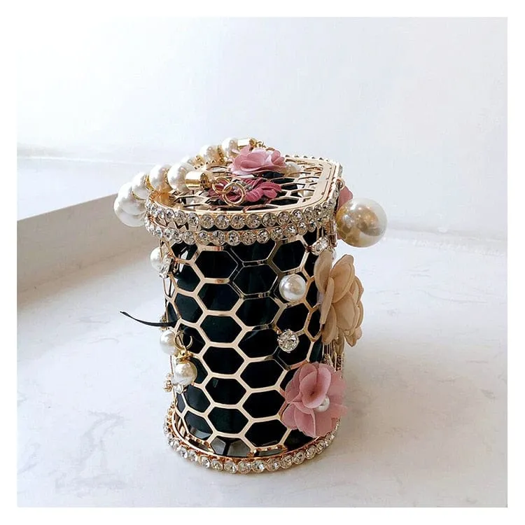 Brenda Pearl Floral Beading Honeycomb Clutch