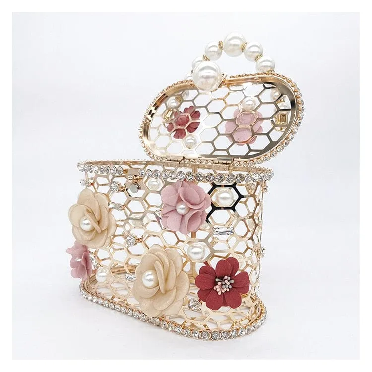 Brenda Pearl Floral Beading Honeycomb Clutch