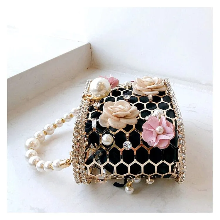 Brenda Pearl Floral Beading Honeycomb Clutch