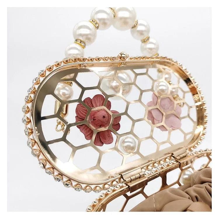 Brenda Pearl Floral Beading Honeycomb Clutch
