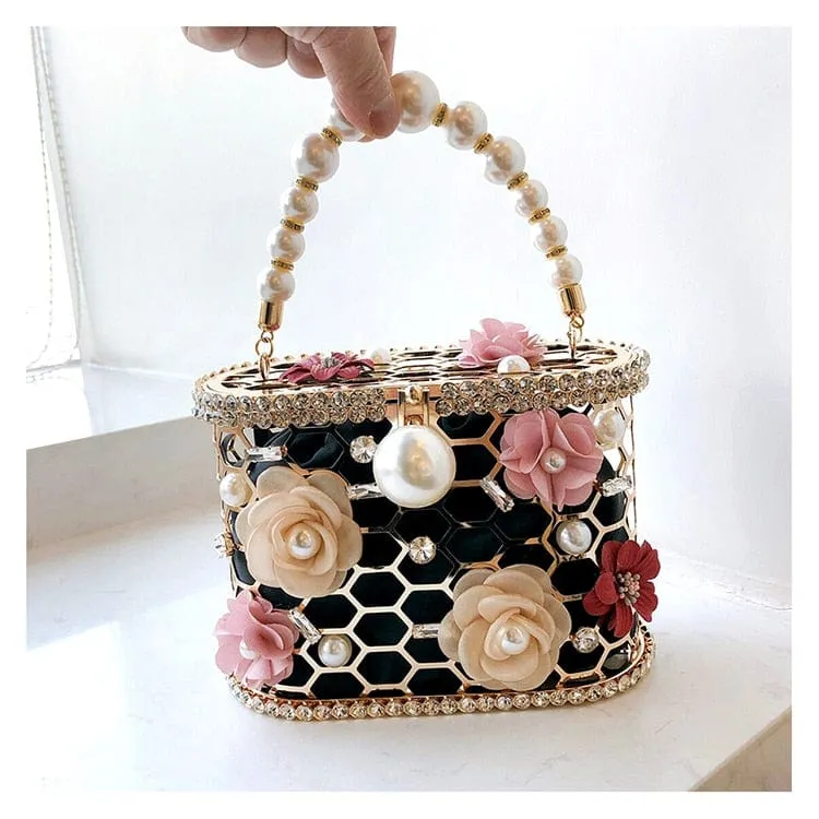 Brenda Pearl Floral Beading Honeycomb Clutch