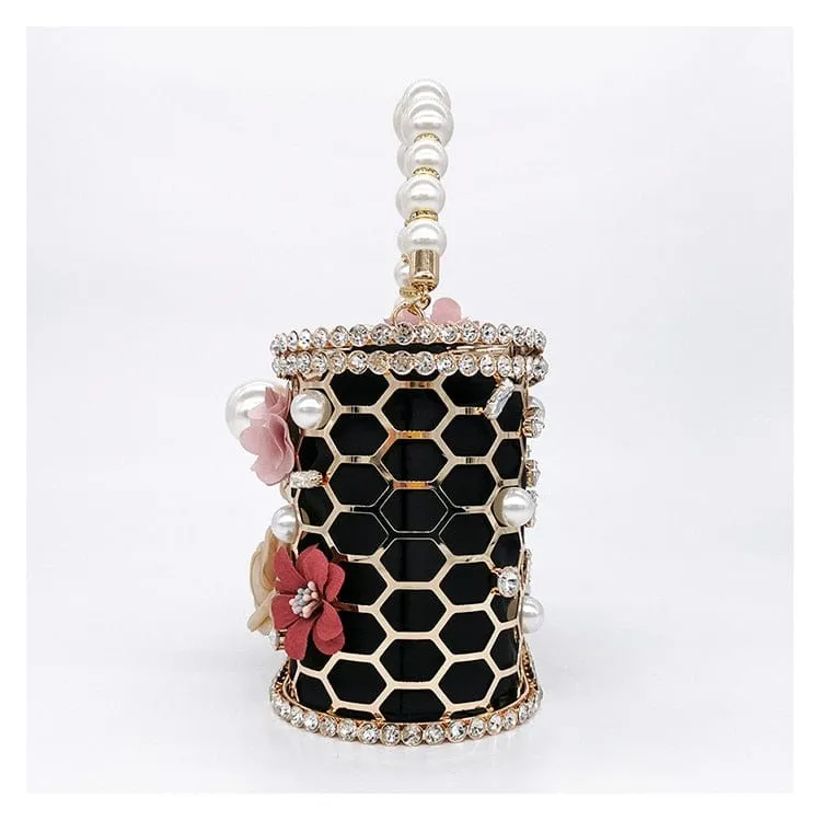 Brenda Pearl Floral Beading Honeycomb Clutch